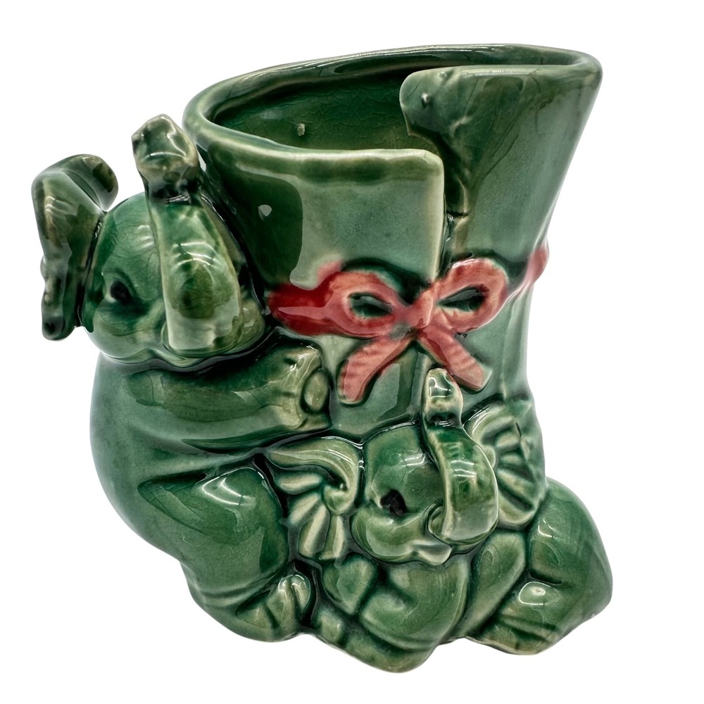 Vintage Elephant Planter Bamboo Boot Vase Green Majolica Glaze Red Bow Japanese